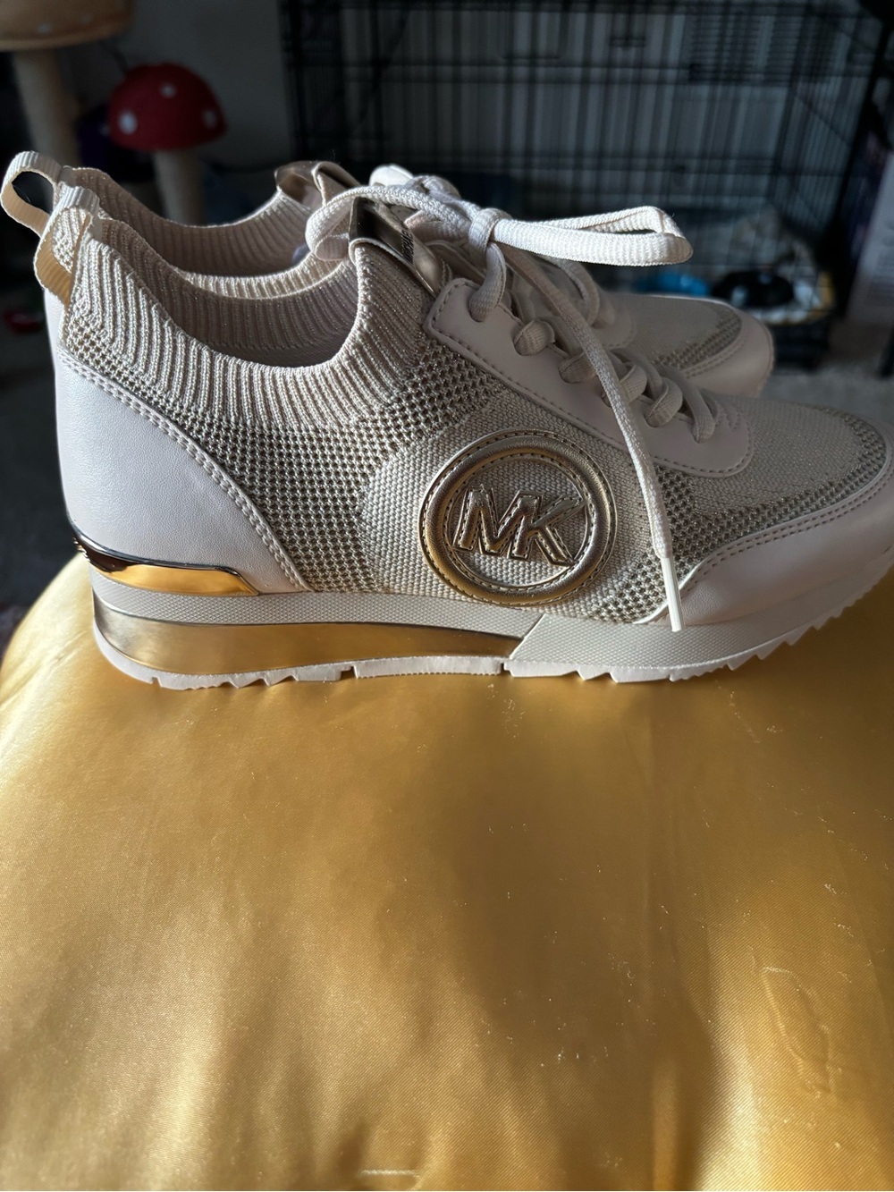 Michael Kors Beige Knit Lace-Up Sneaker with Gold Accents